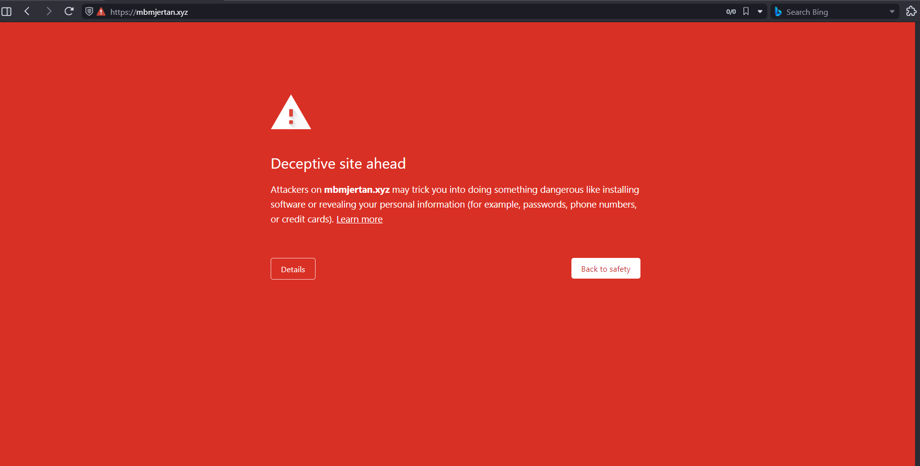A picture of Vivaldi showing a big, red, scary warning about phishing on this website.